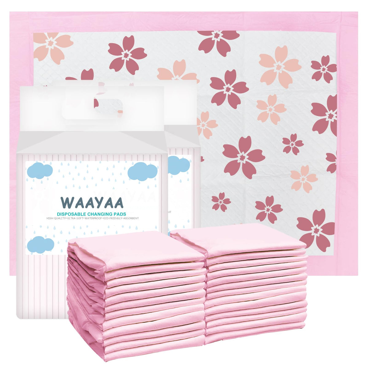 WAAYAA Cherry Blossom disposable changing pad protecting bedding during diaper changes.
