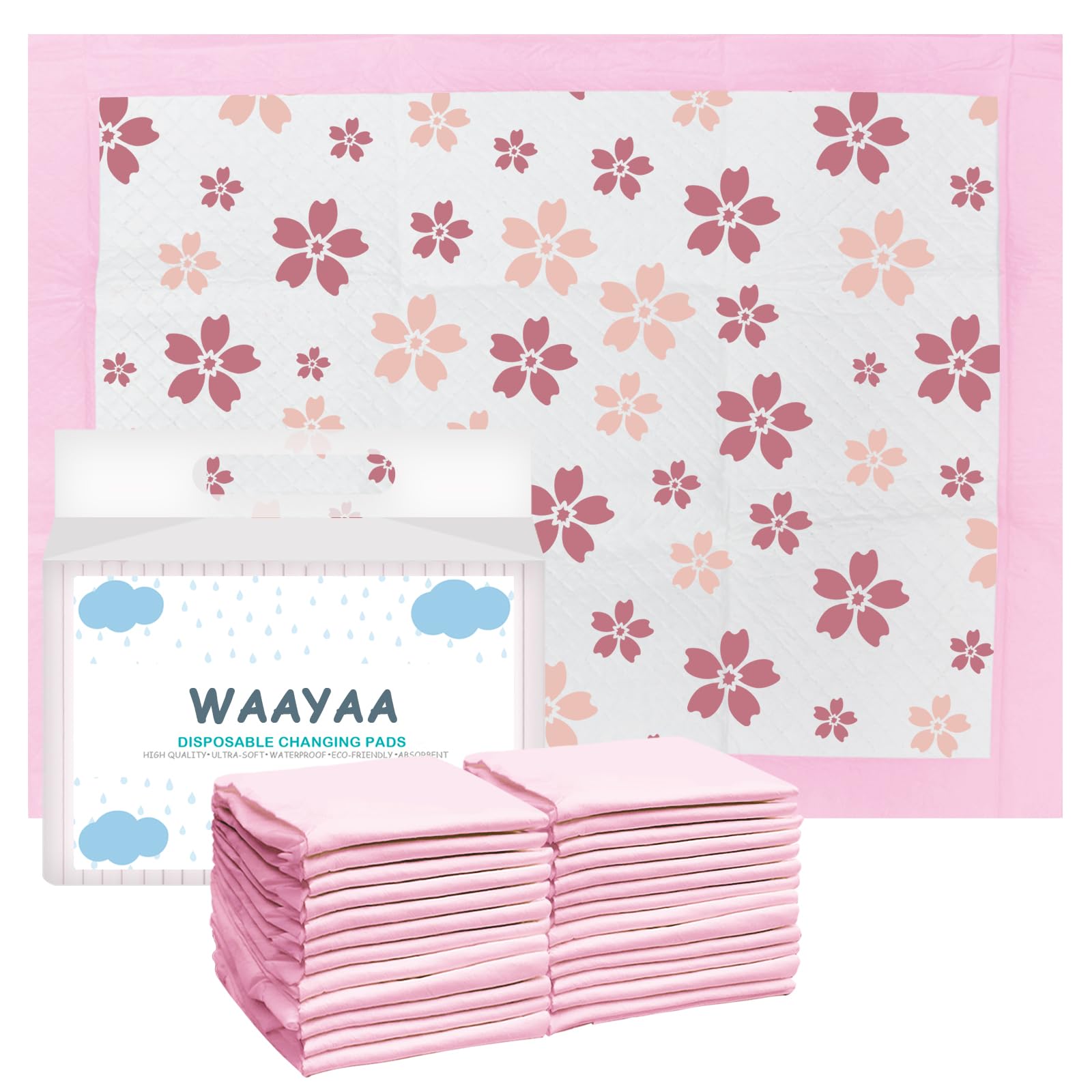 WAAYAA cherry blossom disposable changing pad protects bedding during diaper changes.
