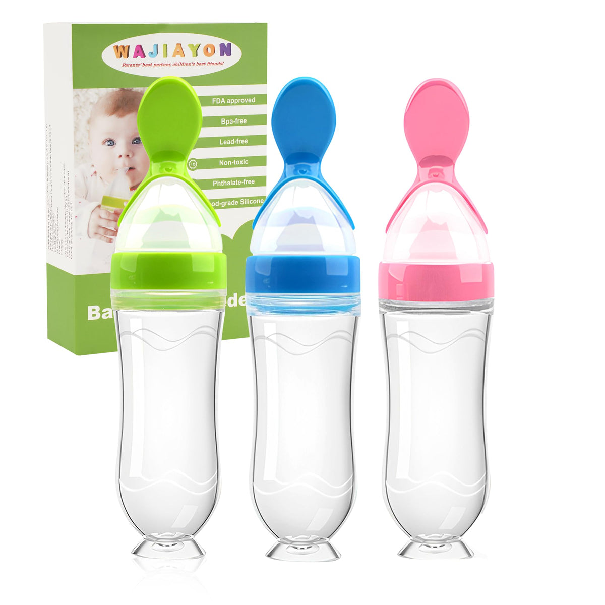 WAJIAYON baby food feeder with standing base keeps meals tidy and hands-free.