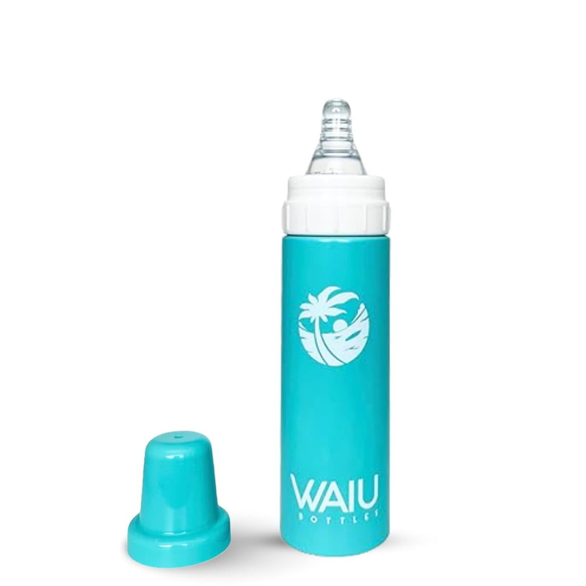 Waiu bottle blue front view, compact 4 oz for on-the-go hydration