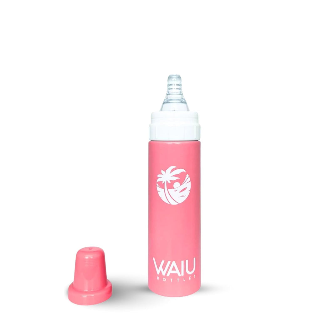 Waiu bottles pink insulated baby bottle, keeps liquids at temperature during outings.
