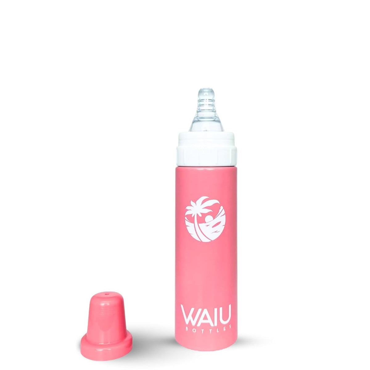 Waiu bottles pink insulated baby bottle, keeps liquids at temperature during outings.