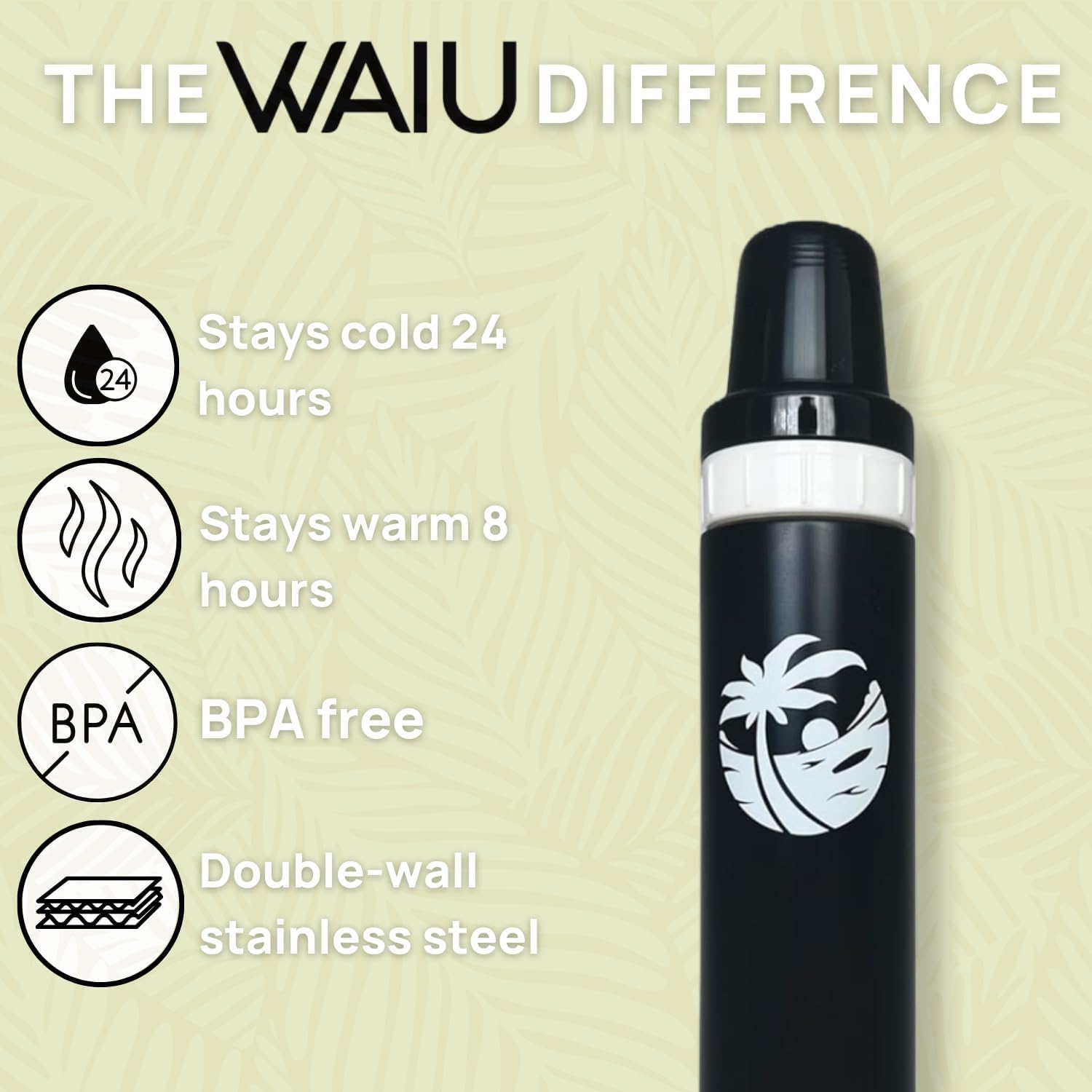 Waiu insulated bottle in hand demonstrates pocket-friendly size