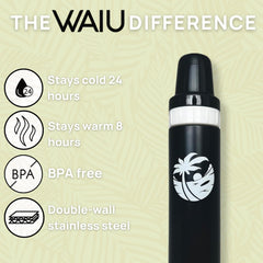 Waiu insulated bottle in hand demonstrates pocket-friendly size
