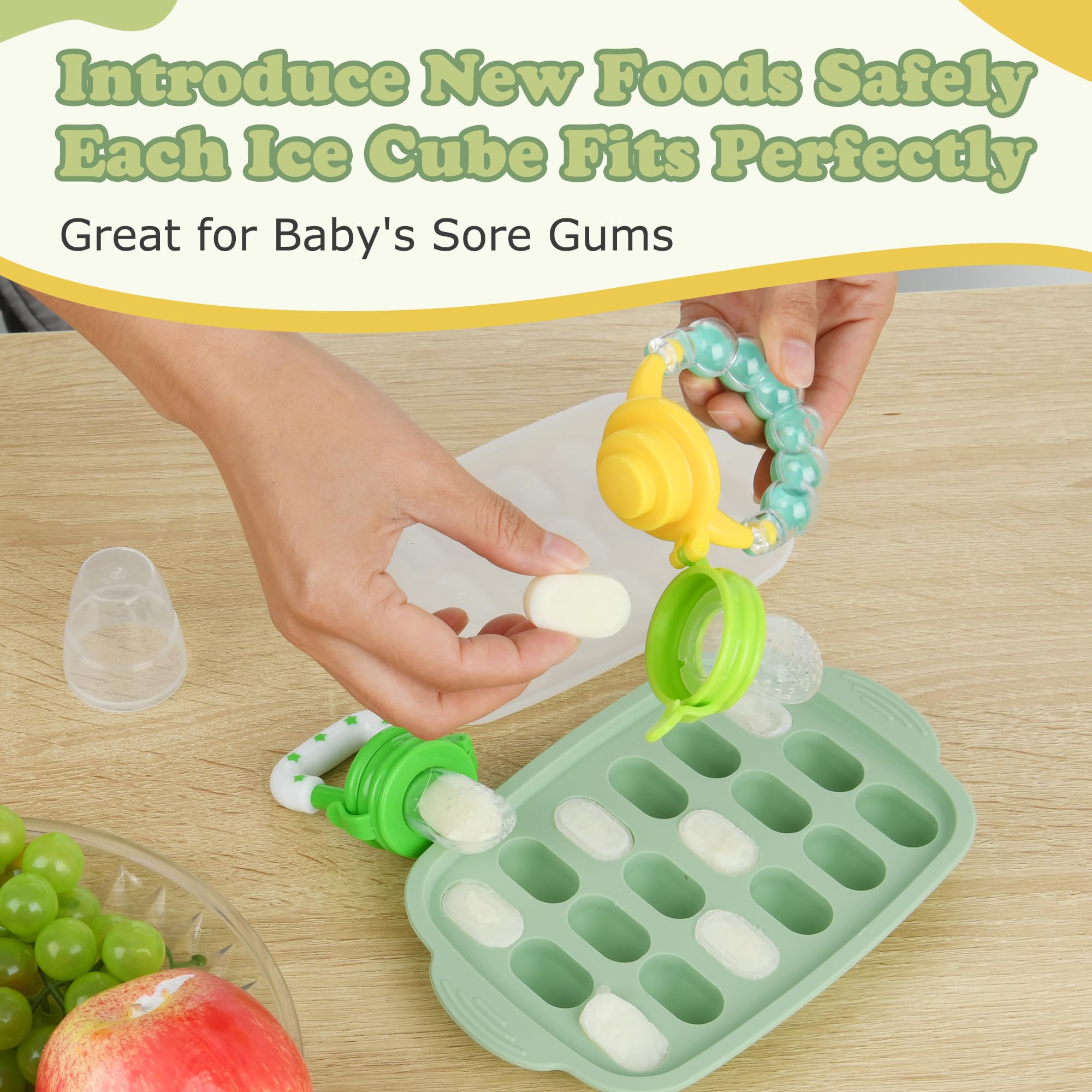 WAJIAYON silicone baby feeder teether soothing gums during feeding.