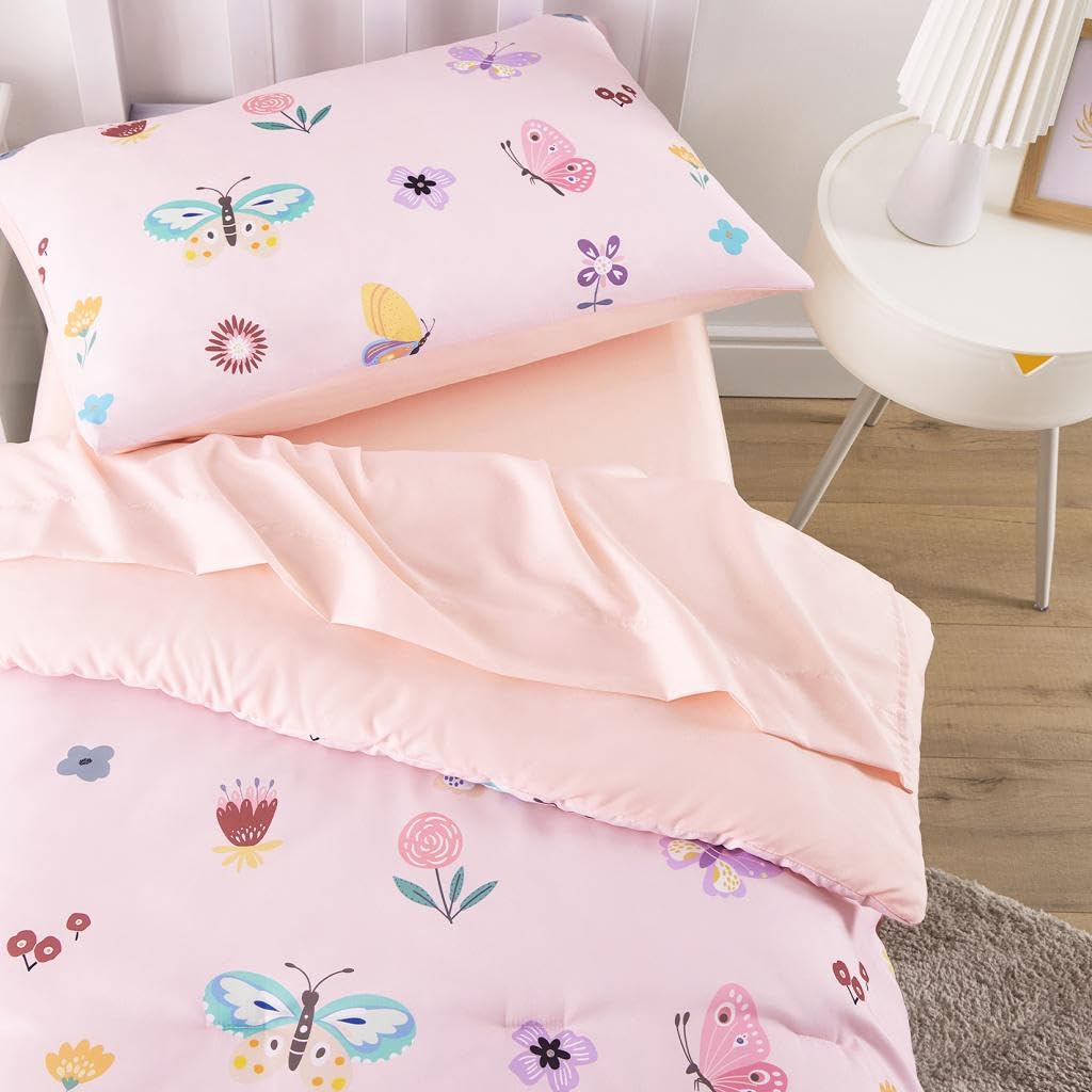 Wake In Cloud butterfly toddler bedding fitted sheet fits snugly on a toddler bed.
