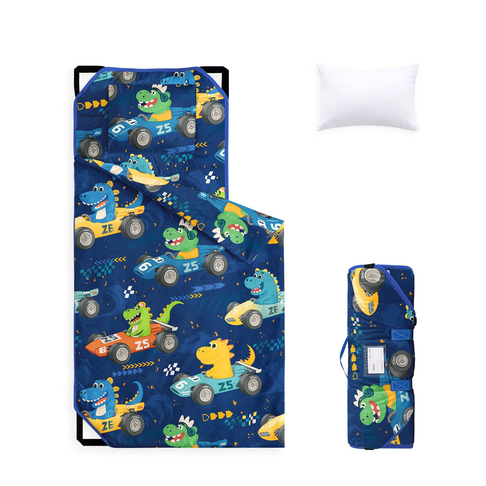 Wake In Cloud dino-kart race nap mat inspires playful naps at daycare.