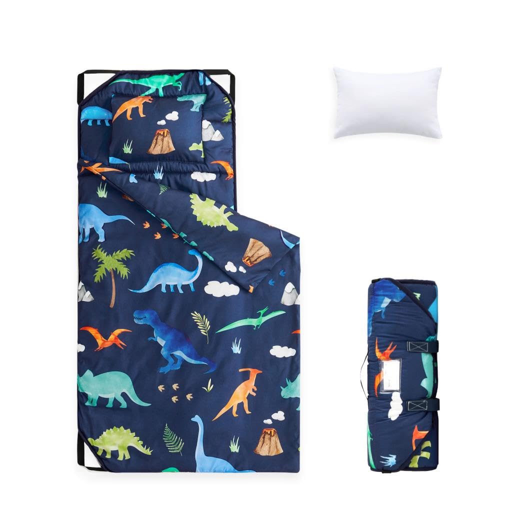 Wake In Cloud dino nap mat folded for storage and travel.