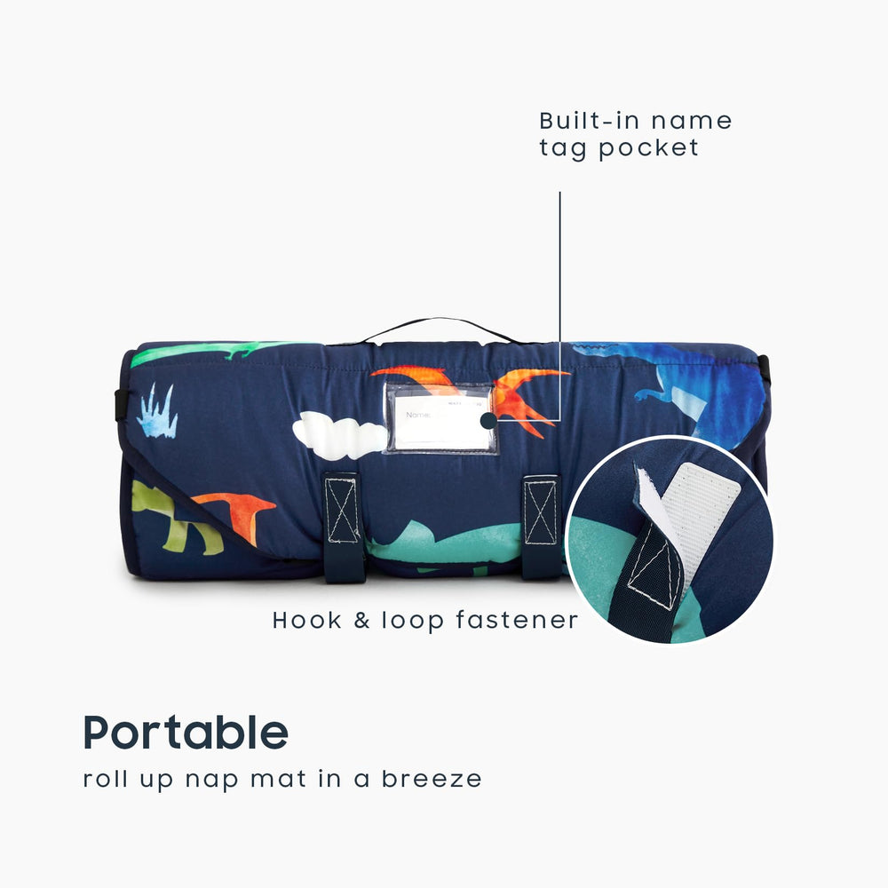 Wake In Cloud dino nap mat with detachable pillow for flexible naps.