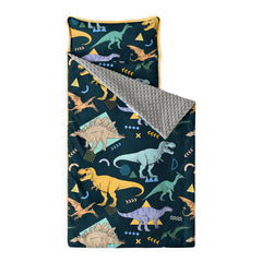 Wake In Cloud dinosaur nap mat roll-up highlighting easy portability for on-the-go naps.