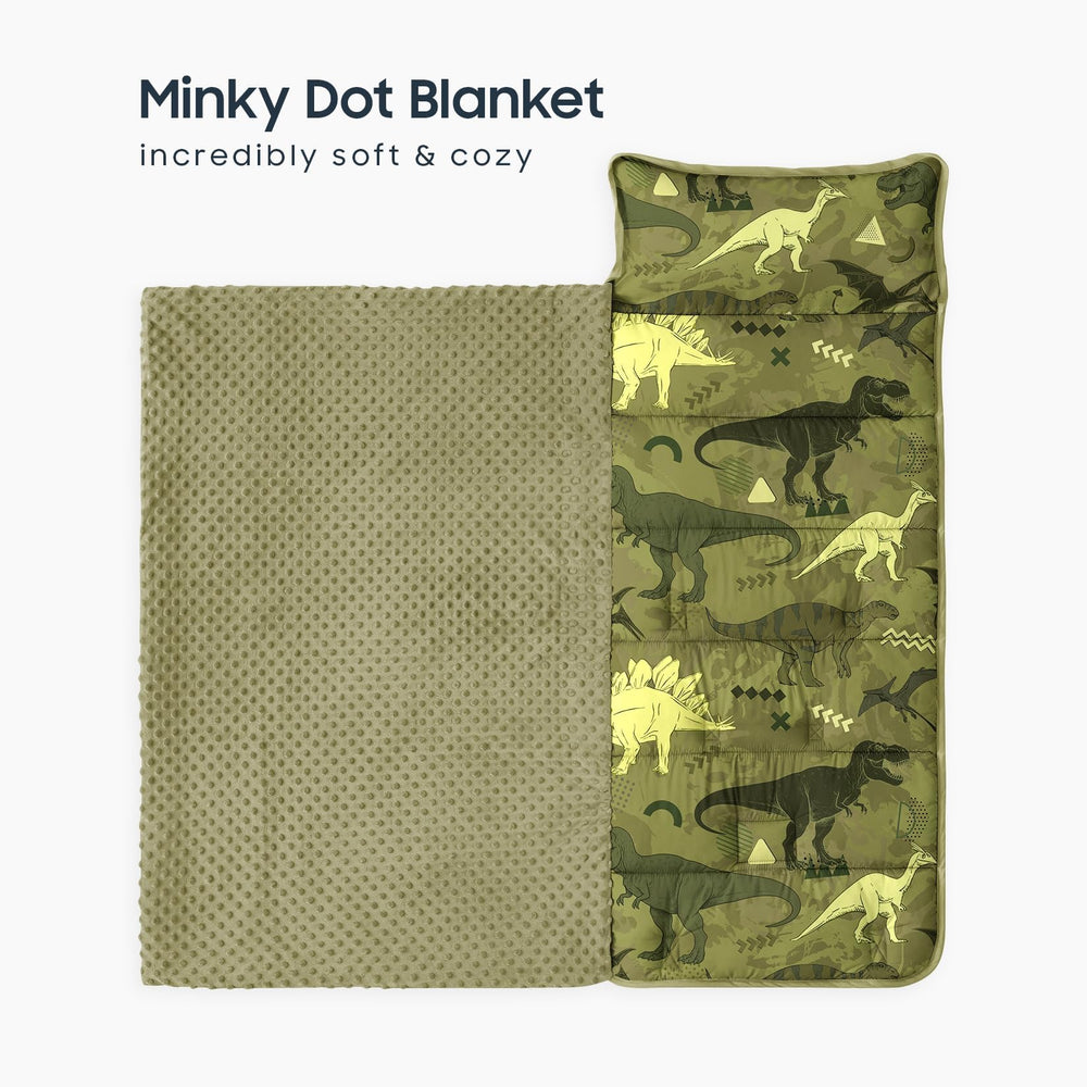 Wake In Cloud nap mat open with dinosaur design and pillow visible.