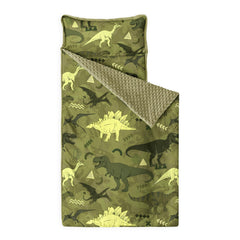 Wake In Cloud dinosaur world nap mat rolled for easy transport.