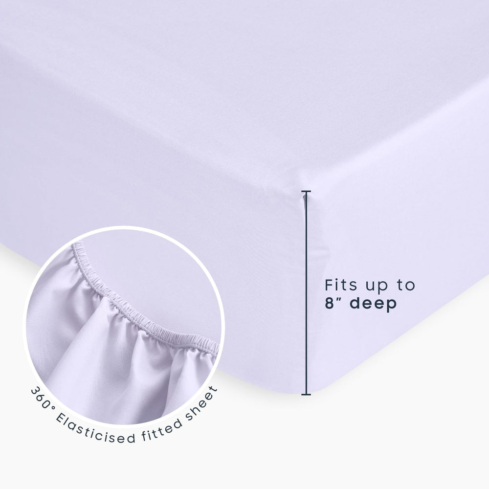 Wake In Cloud fitted sheet with elastic and 8-inch pocket for secure fit.