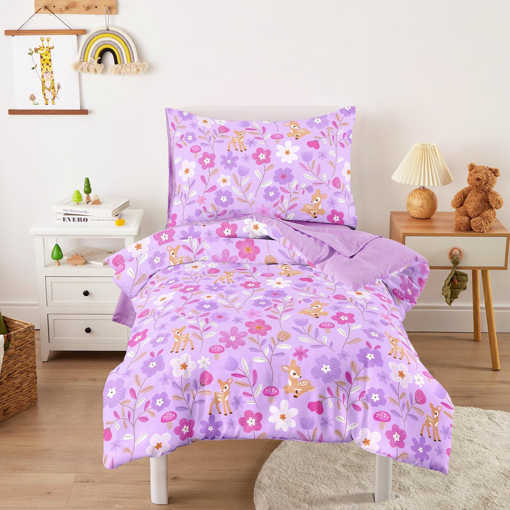 Wake In Cloud floral toddler bedding set lavender comforter featuring deer and blooming flowers for bedtime charm.