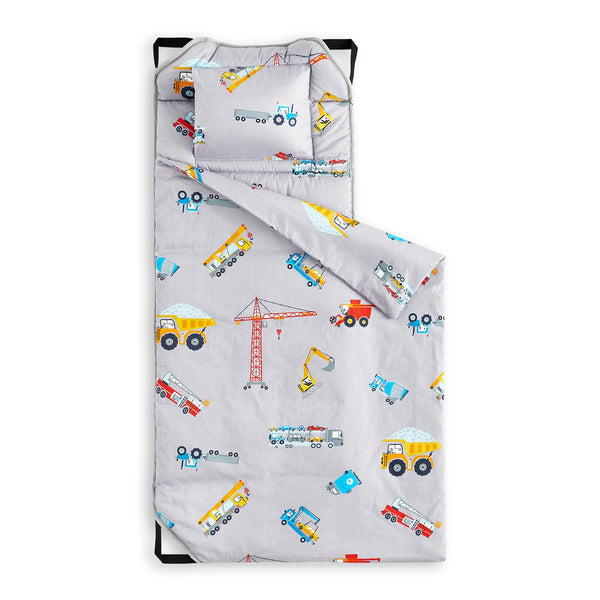 Wake In Cloud nap mat with cranes-trucks encourages imaginative rest for kids.