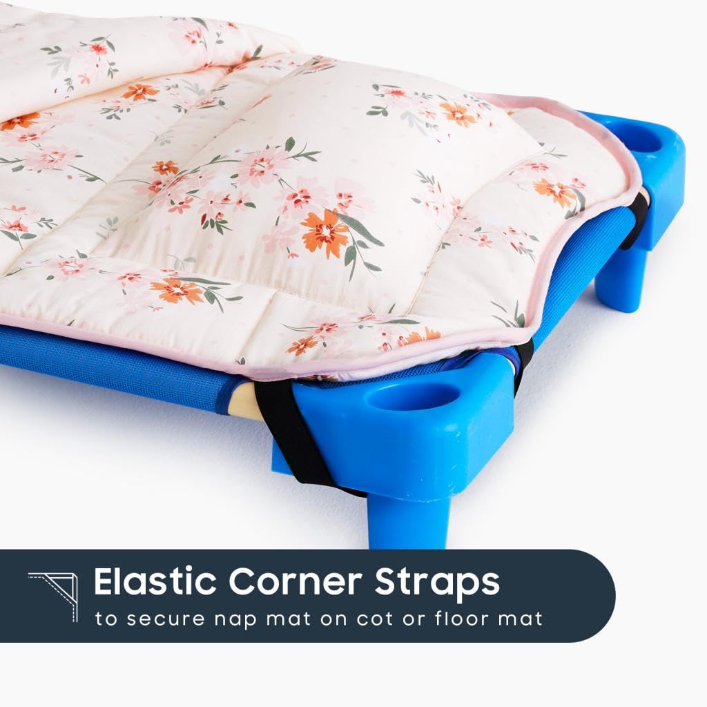 Wake In Cloud nap mat elastic corner straps keep mat secure.