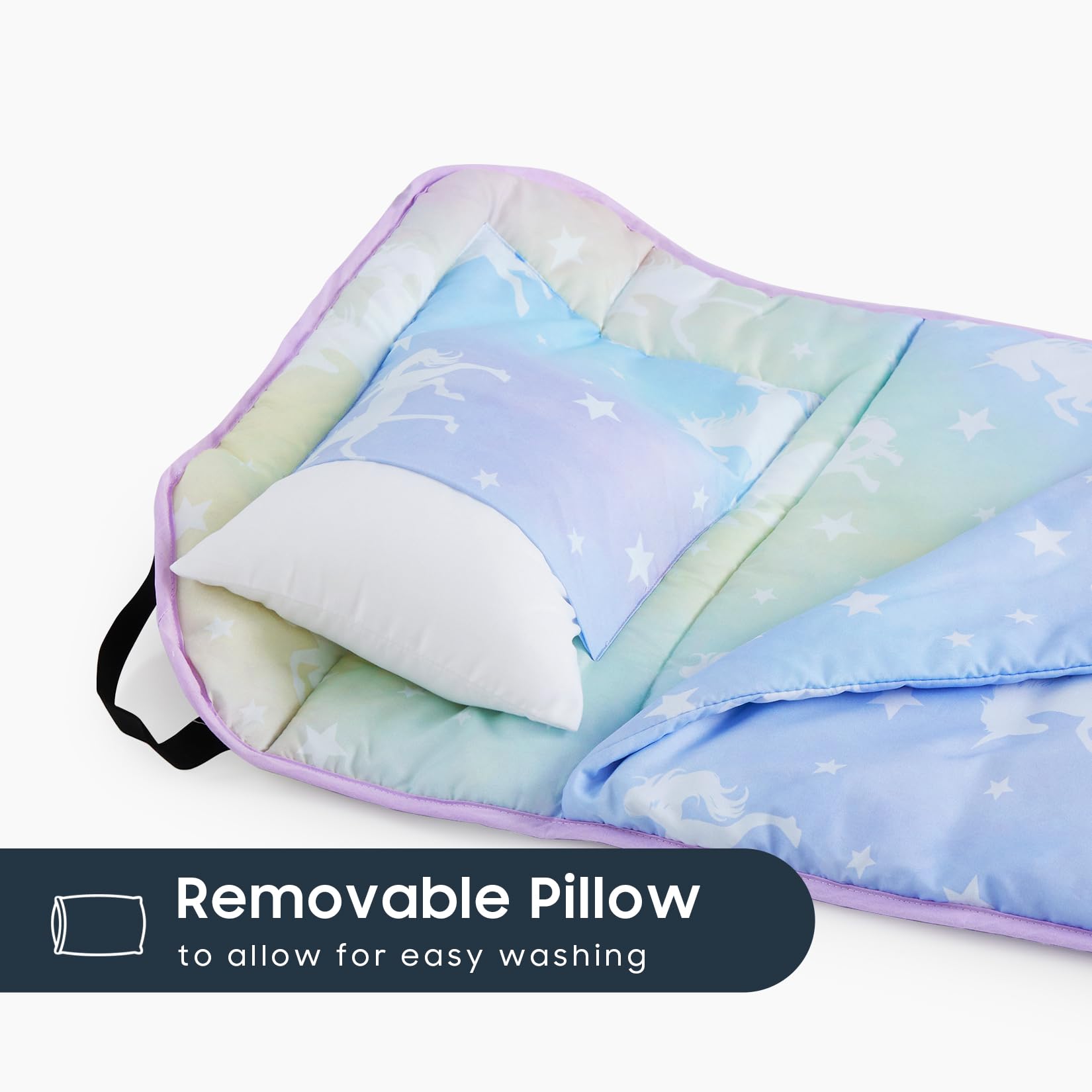 Wake In Cloud nap mat featuring elastic corner straps for secure fit