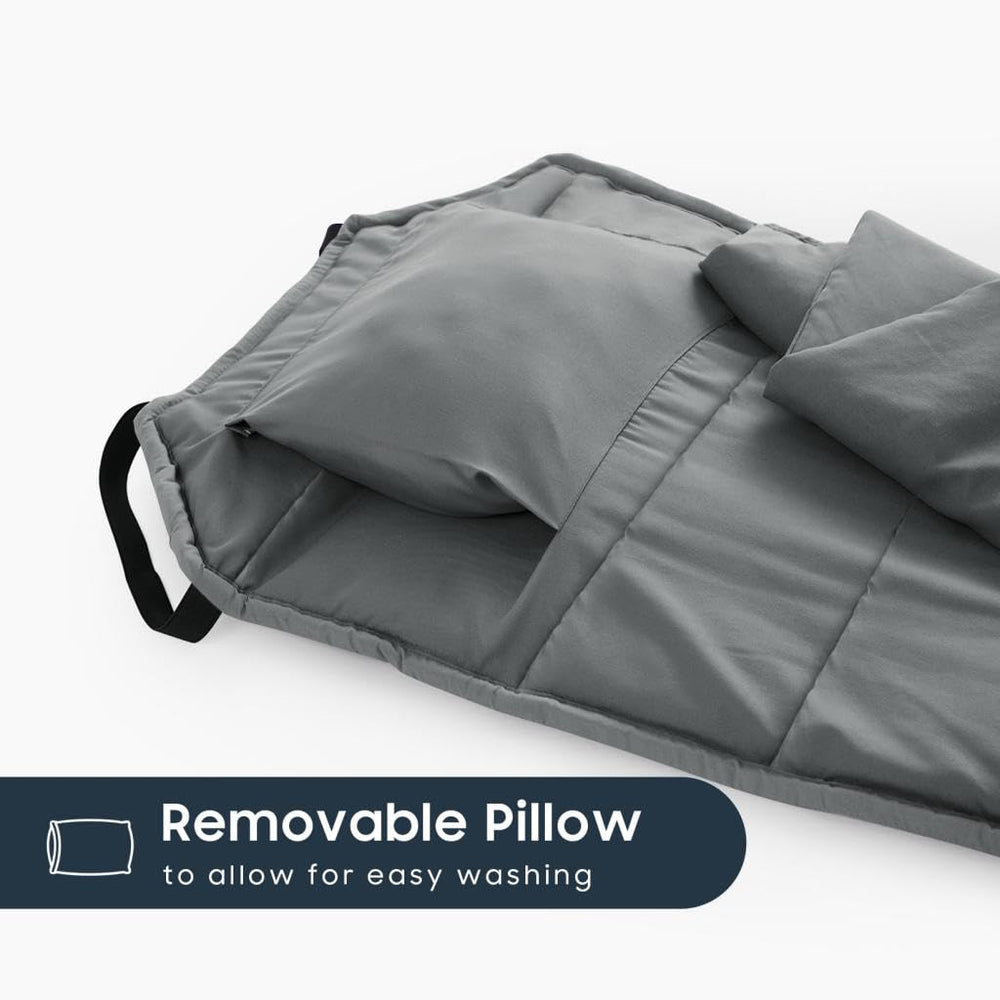 Wake In Cloud nap mat elastic-corner-straps keep the surface flat.