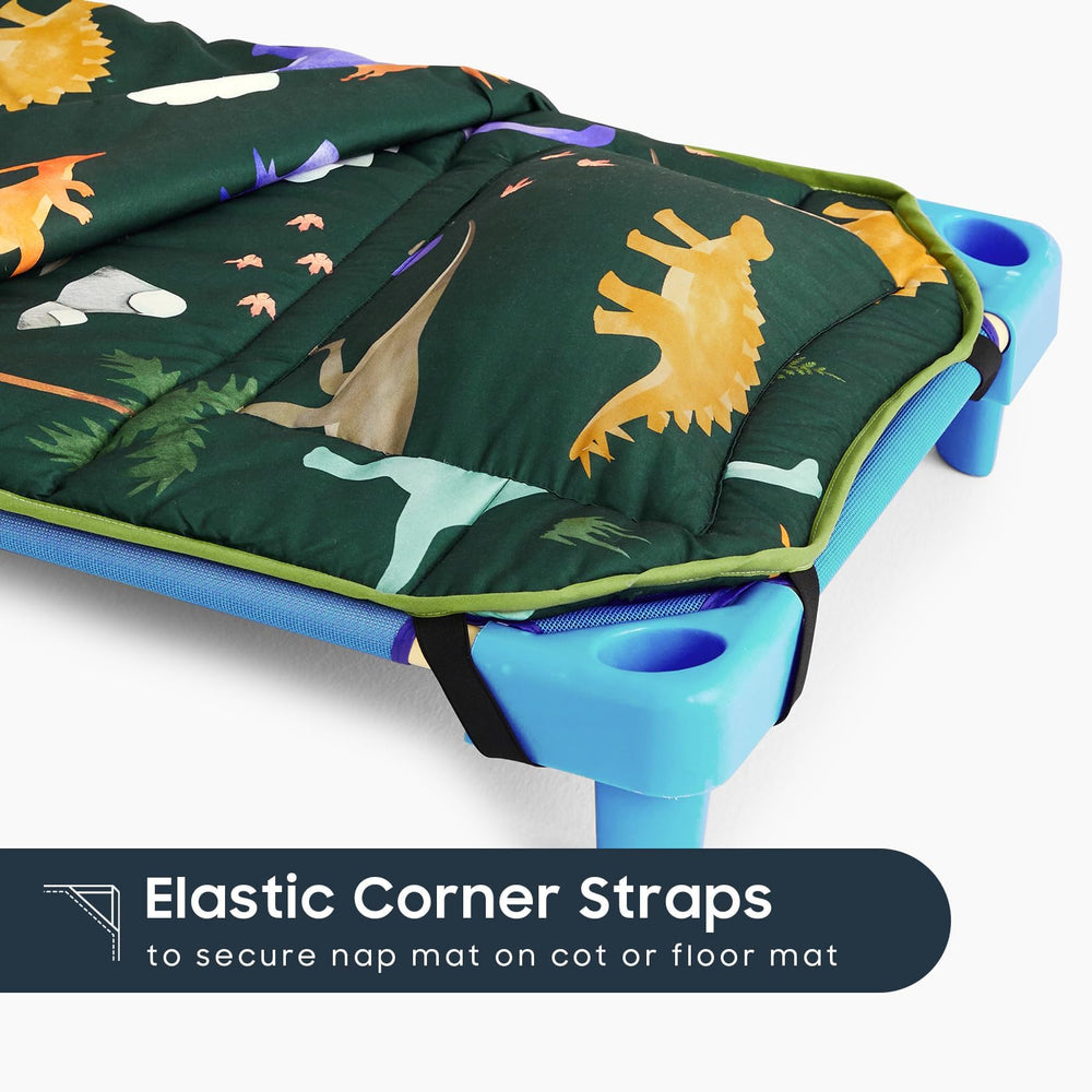 Wake In Cloud nap mat features elastic corner straps for secure fit.