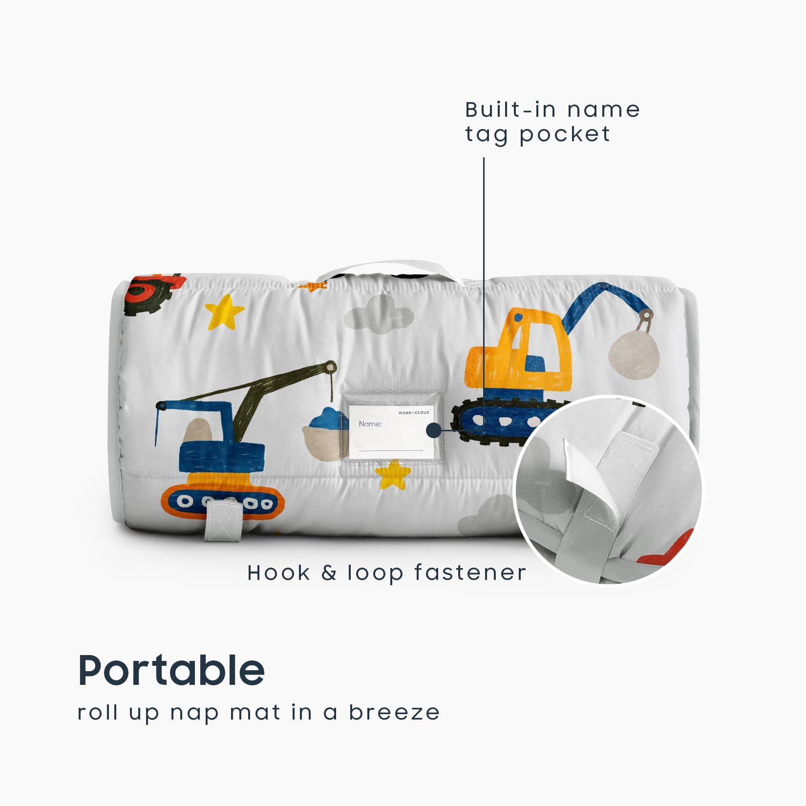 Wake In Cloud nap mat rolled up with handle, easy to carry.