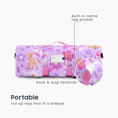 Wake In Cloud nap mat roll-up with handle for easy transport.