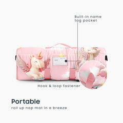 Wake In Cloud nap mat rolled with strap and handle for easy transport.