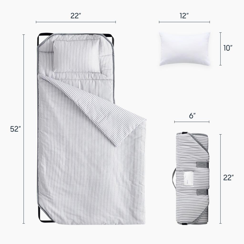 Wake In Cloud nap mat rolled with elastic straps and handle for easy transport.