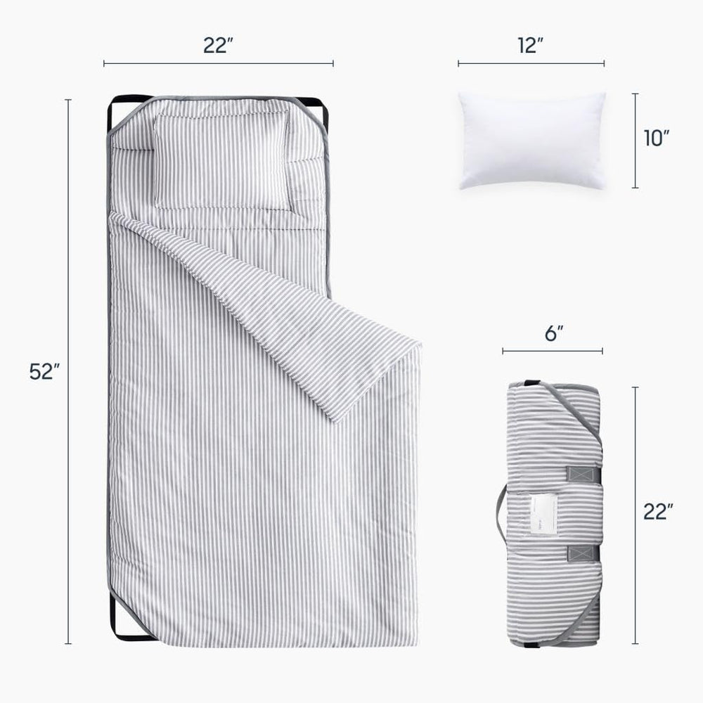 Wake In Cloud nap mat rolled with elastic straps and handle for easy transport.