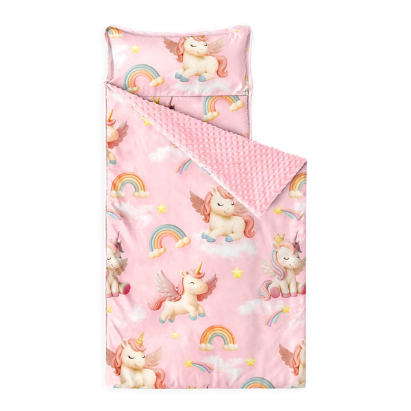 Wake In Cloud nap mat with unicorn rainbow design for preschool rest
