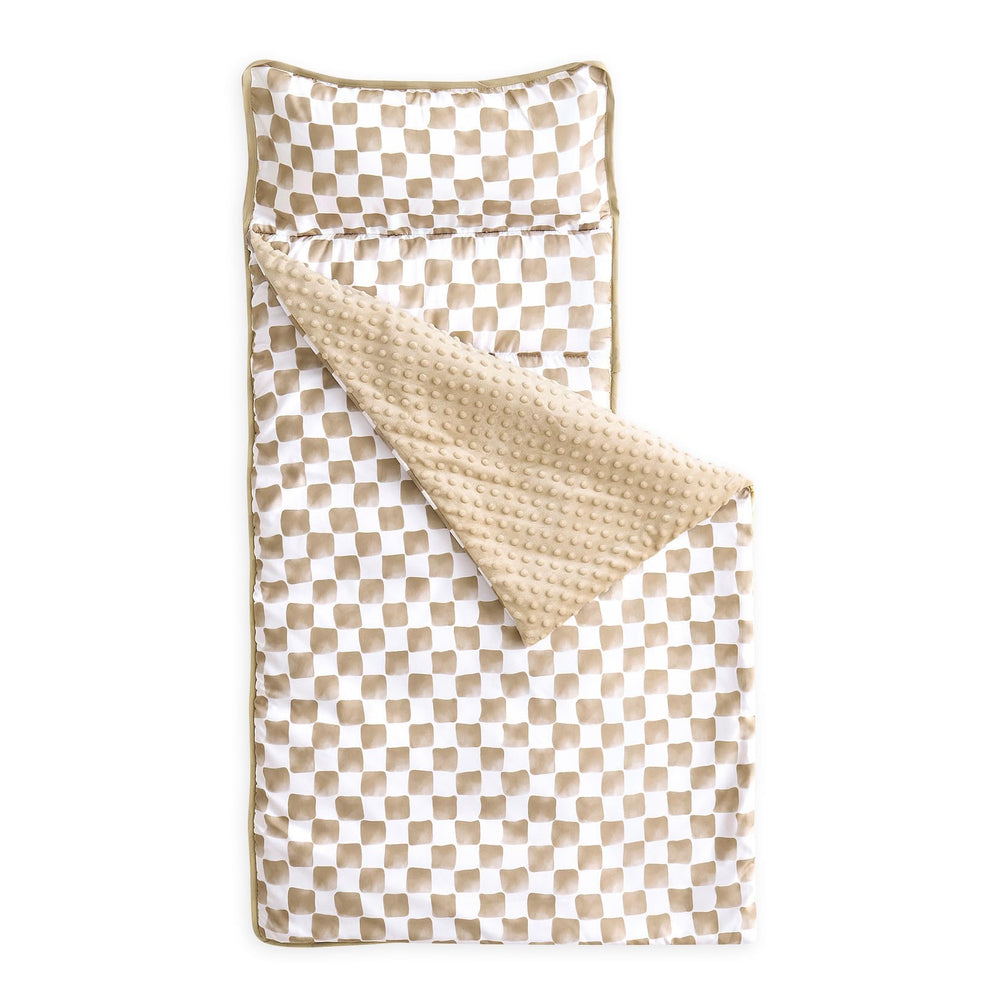 Wake In Cloud nap mat folded with gingham grid for easy preschool transport