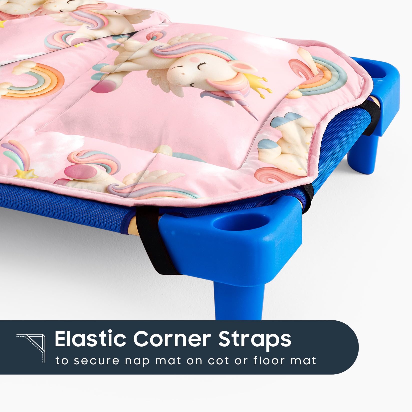 Wake In Cloud pink unicorn nap mat highlights 3D design in soft microfiber.