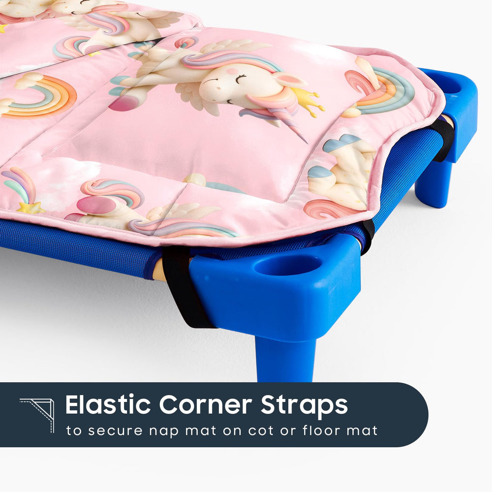 Wake In Cloud pink unicorn nap mat highlights 3D design in soft microfiber.