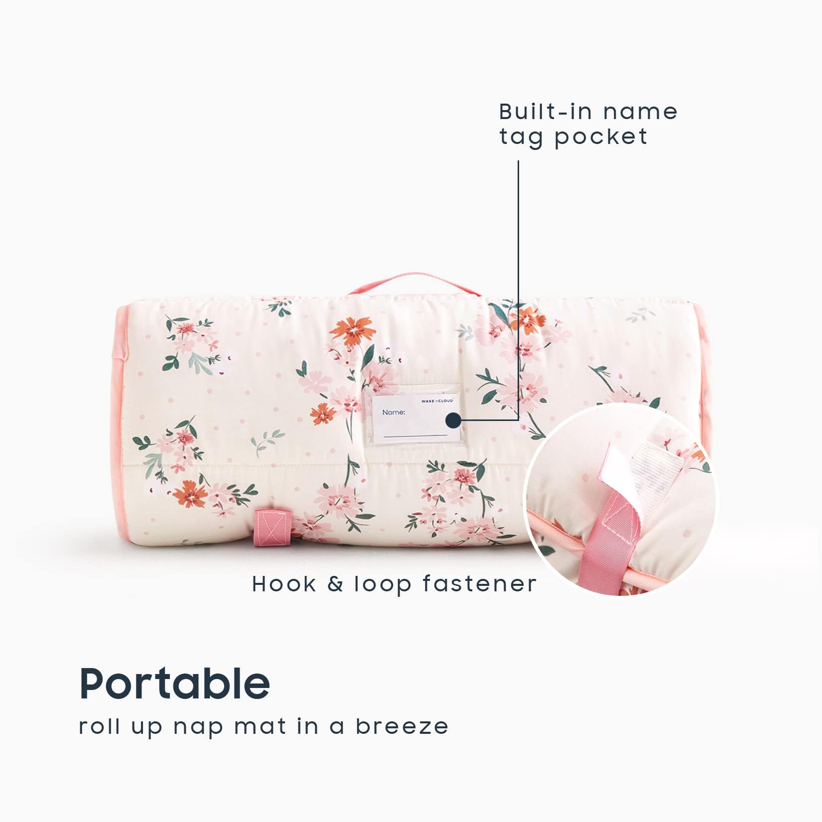Wake In Cloud roll-up nap mat with handle and name cards for easy classroom use.