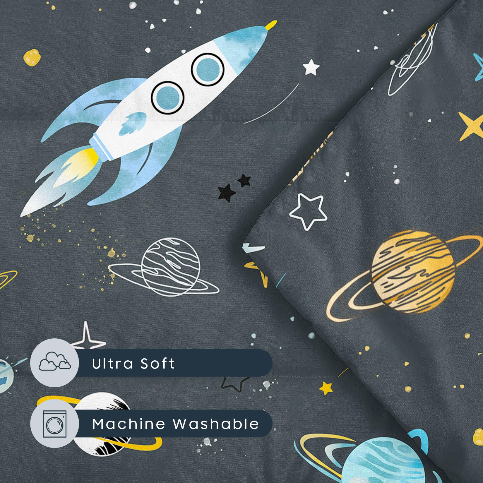 Space rocket scene on Wake In Cloud nap mat in gray