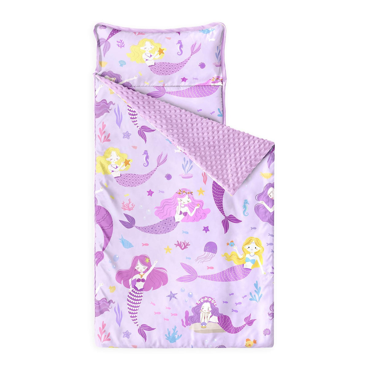 Wake In Cloud toddler nap mat with mermaid design, ideal for cozy preschool naps.