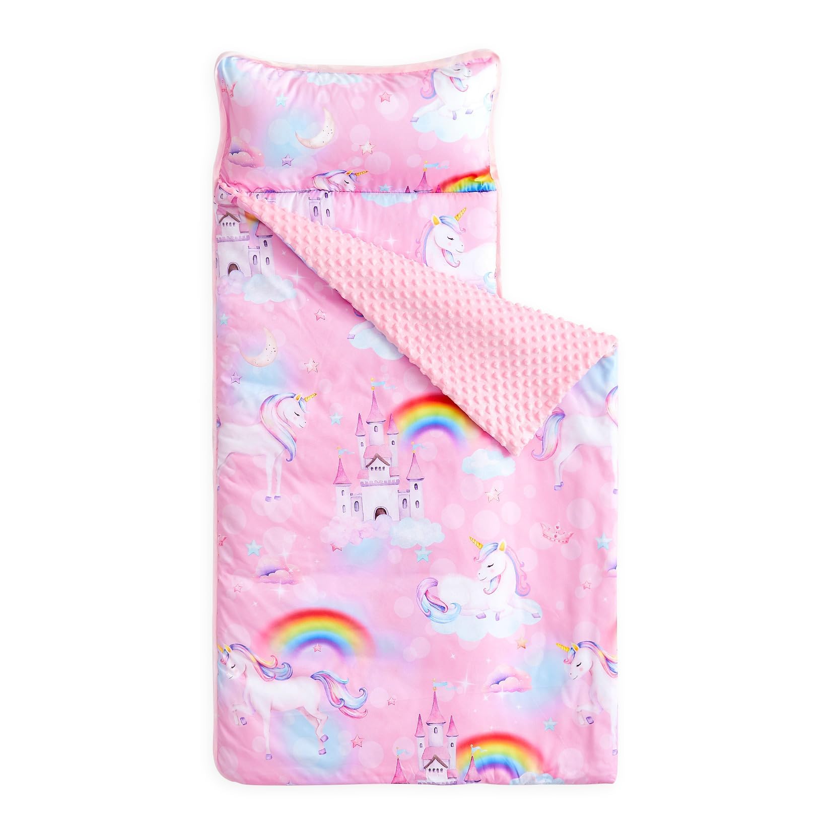 Wake In Cloud unicorn castle rainbow nap mat in pink for cozy daycare naps
