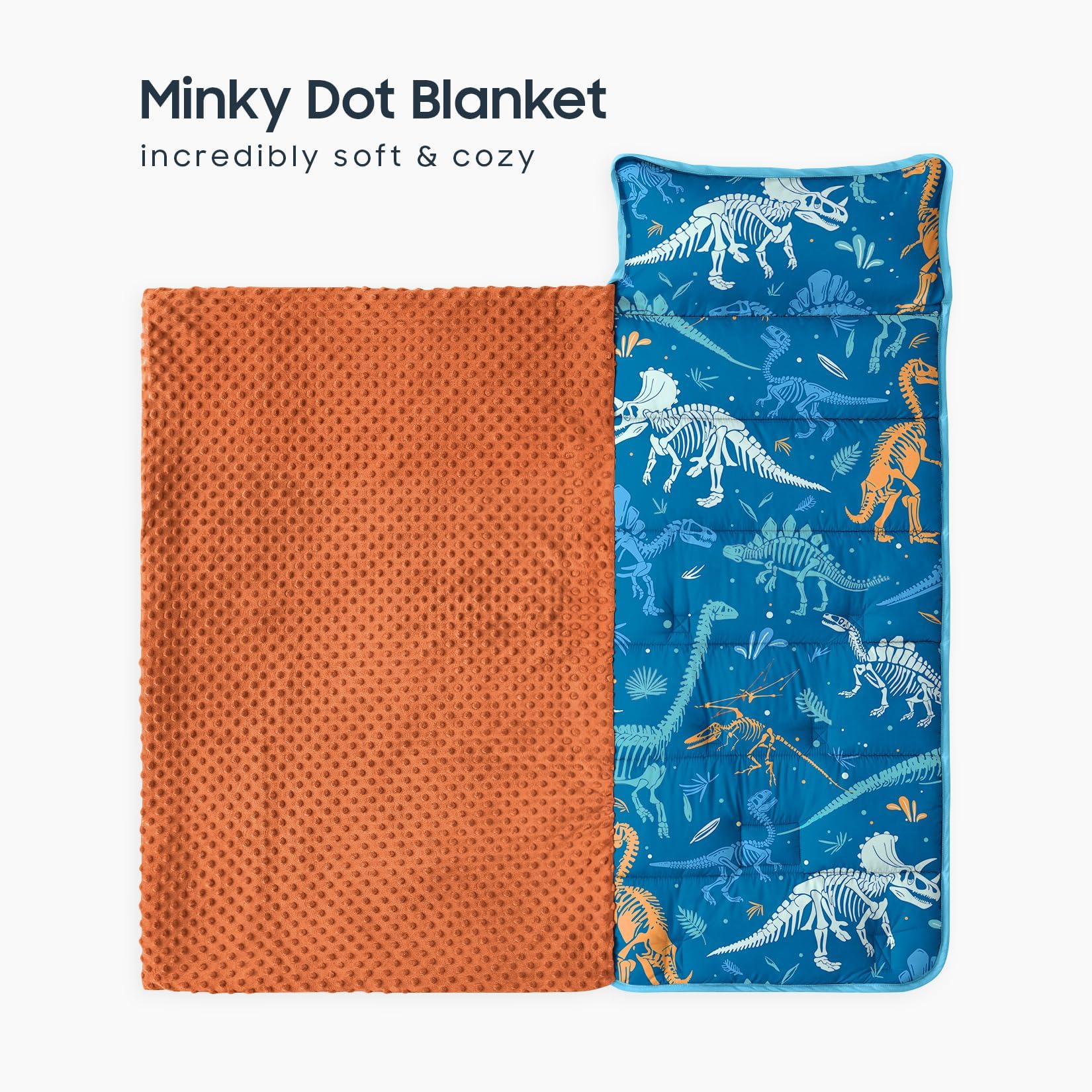 Wake In Cloud dinosaur nap mat opened to reveal built-in blanket and pillow.
