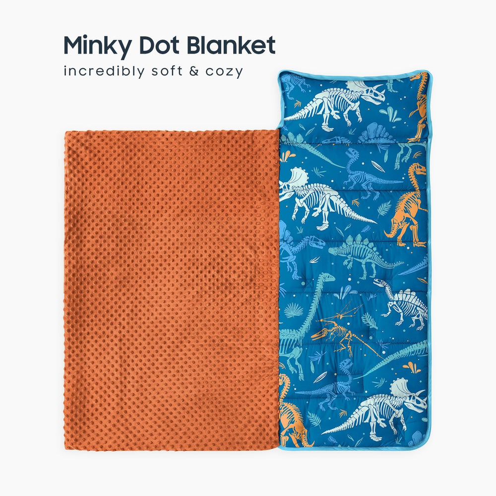 Wake In Cloud dinosaur nap mat opened to reveal built-in blanket and pillow.