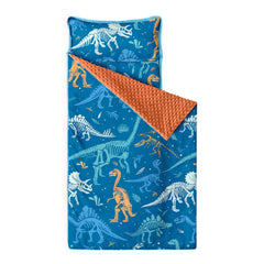 Wake In Cloud dinosaur nap mat rolled for easy daycare transport.