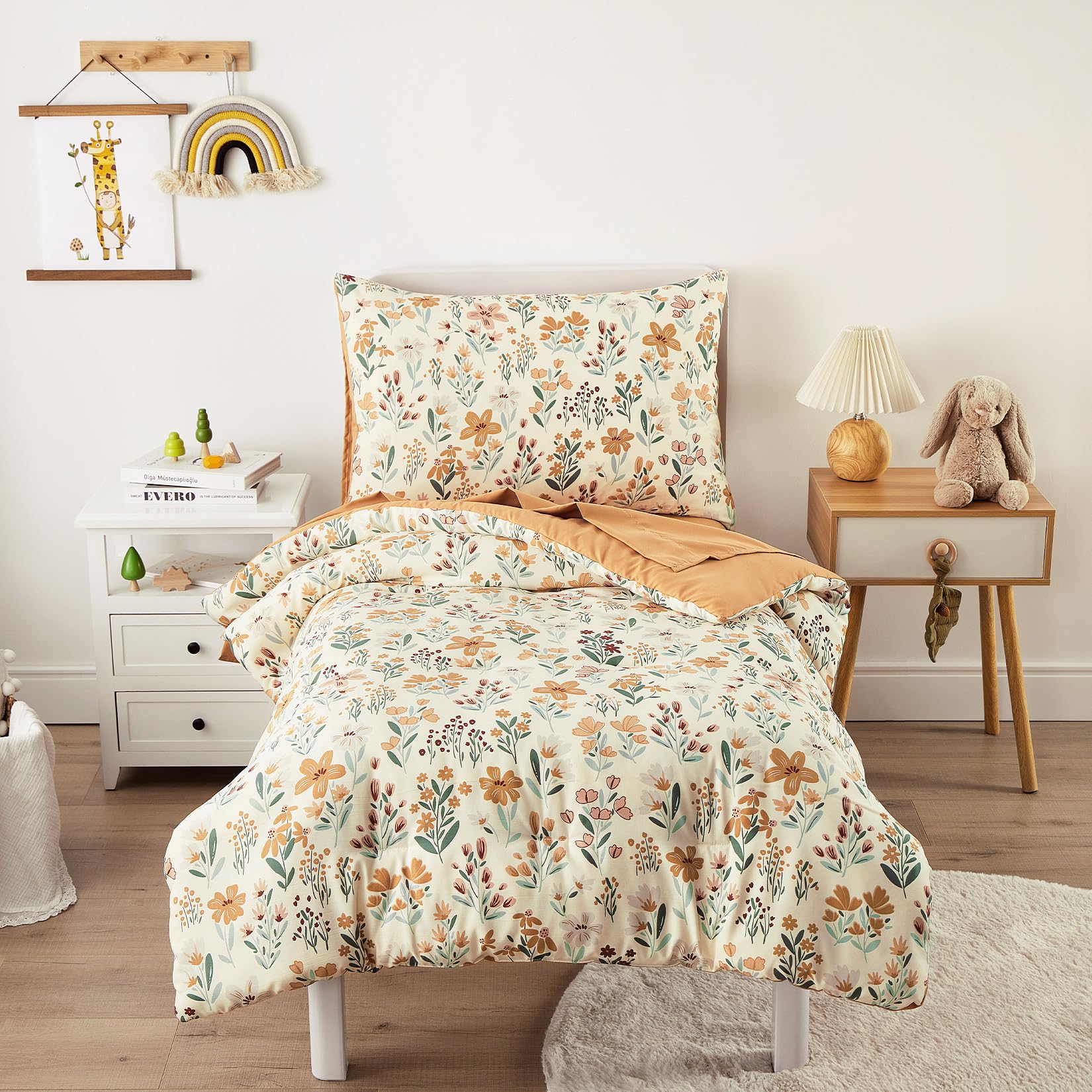 Wake In Cloud floral toddler bedding comforter close-up showing durable stitching.