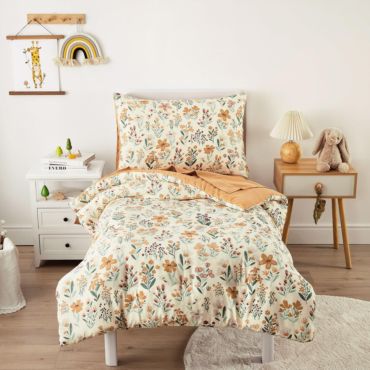 Wake In Cloud floral toddler bedding comforter close-up showing durable stitching.