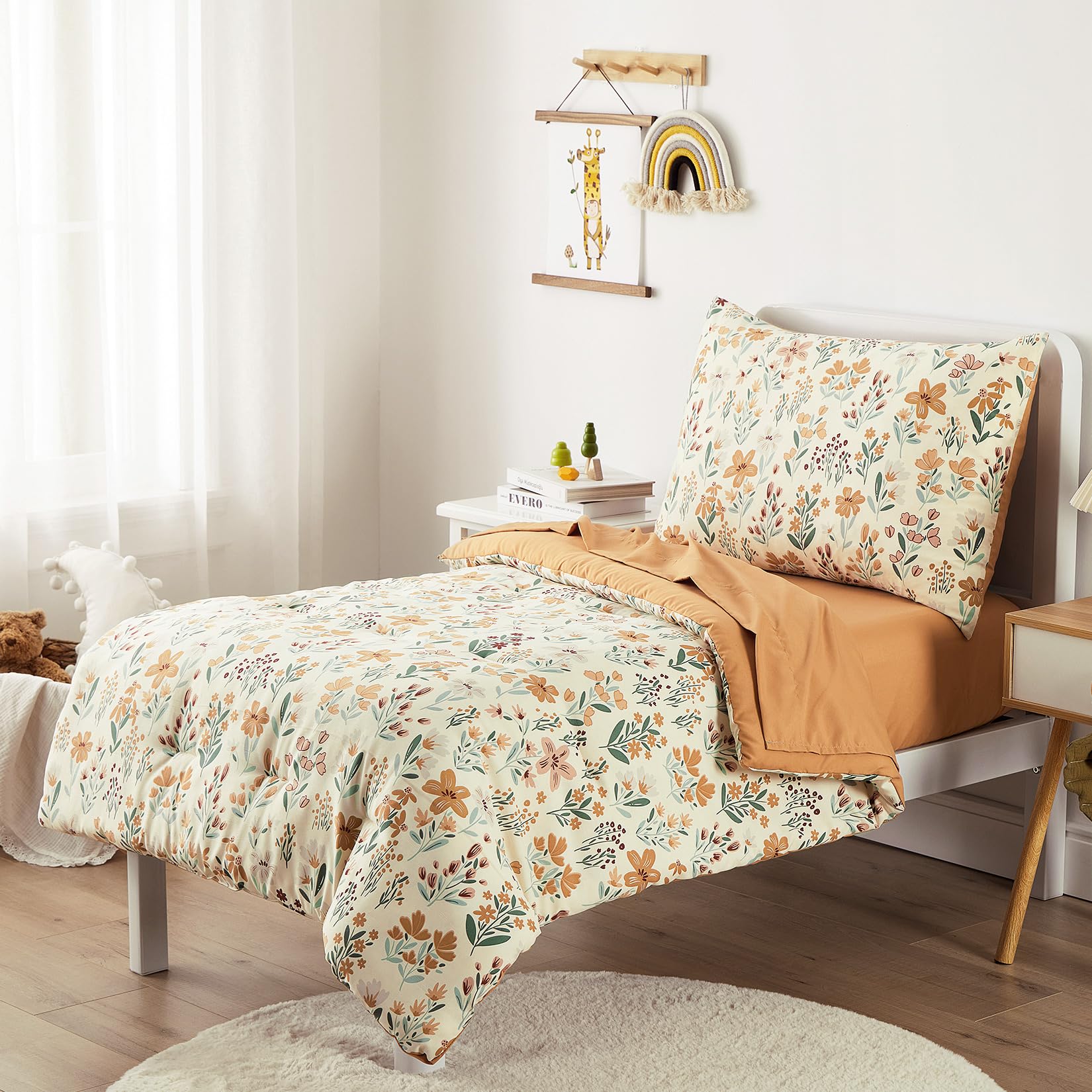 Wake In Cloud floral toddler bedding flat sheet laid flat for crisp surface.