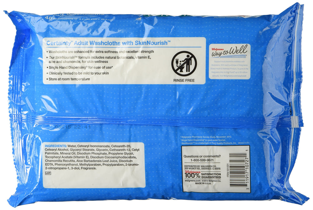 Walgreens Certainty aloe-enriched washcloths for soft feeling and moisture