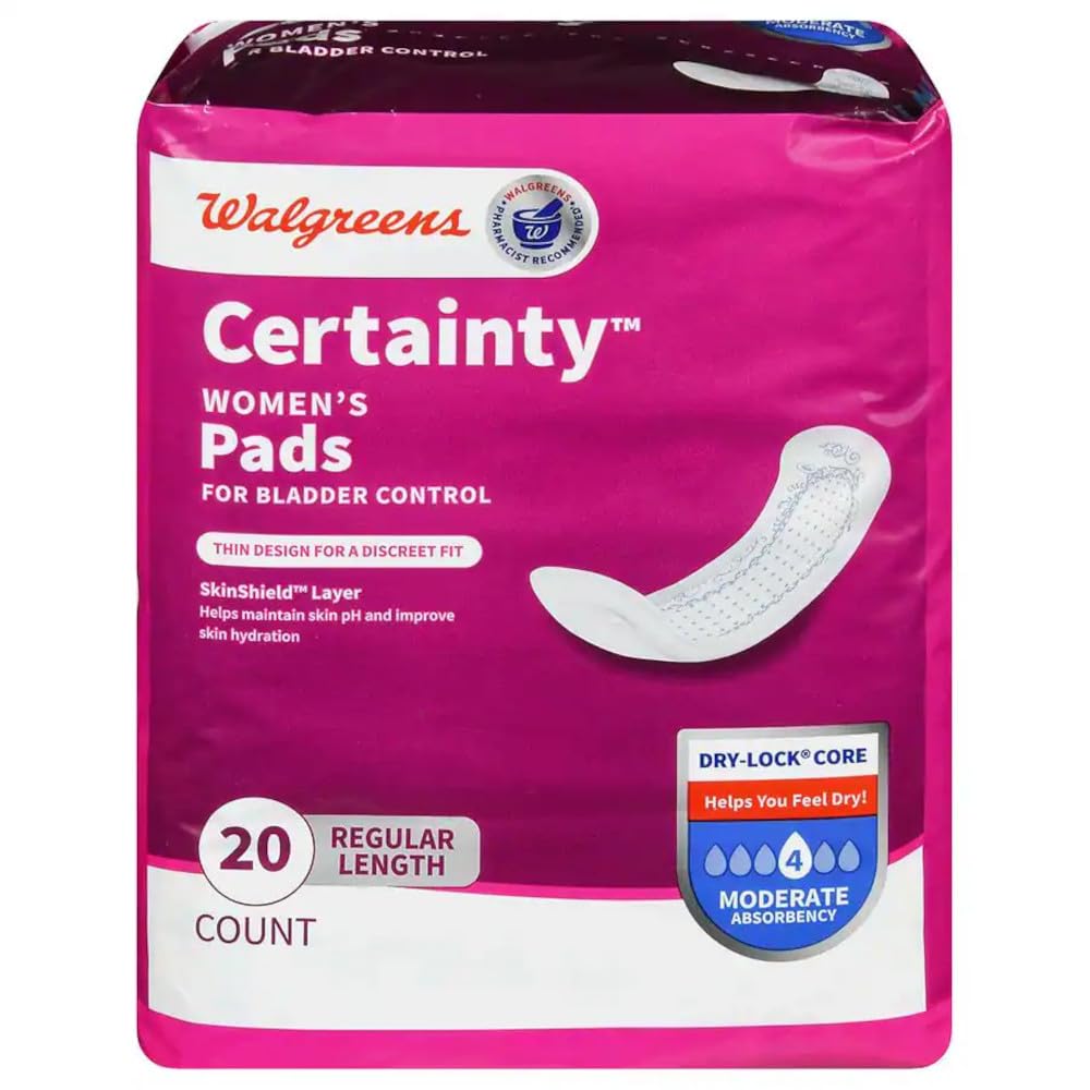 Walgreens Certainty Women's Bladder Control Pads packaging showing trusted branding for discreet protection.