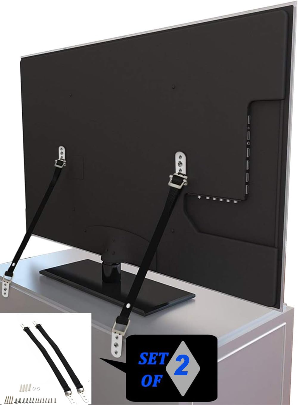 WALI anti-tip strap in-pack shows dual straps for secure TV mounting.