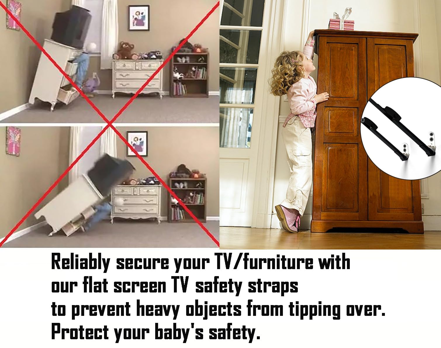WALI anti-tip strap mounted on TV demonstrates stable viewing setup.