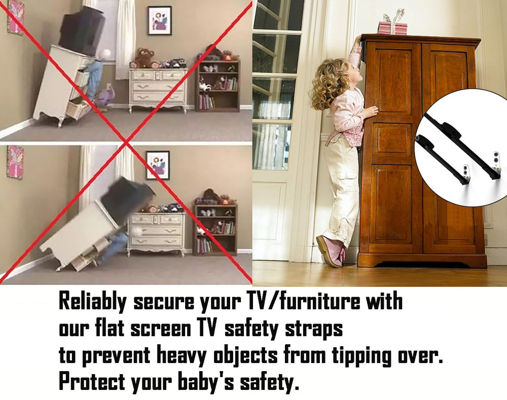 WALI anti-tip strap mounted on TV demonstrates stable viewing setup.