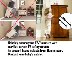 WALI anti-tip strap mounted on TV demonstrates stable viewing setup.