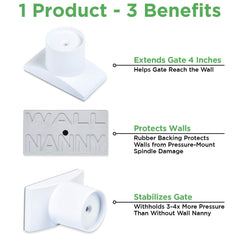 Wall Nanny Extender protects baseboards and prevents gate slip on stairs.