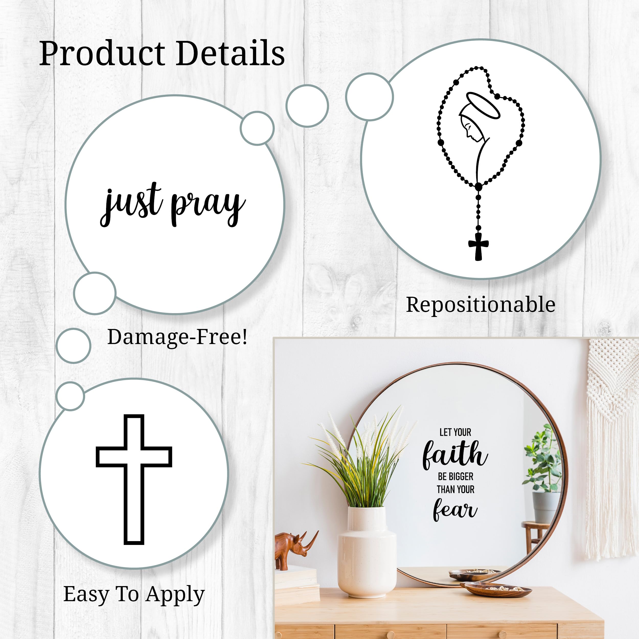 WALL PALZ cross and rosary image decal enhances spiritual decor on a mirror